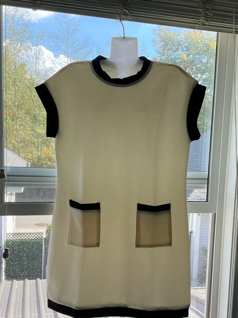 Cream Shift Midi Dress with Black Trim